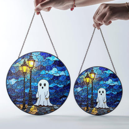 Ghost Stained Glass Suncatcher Cute Night Scene Window Hanging Gift for Halloween Lovers