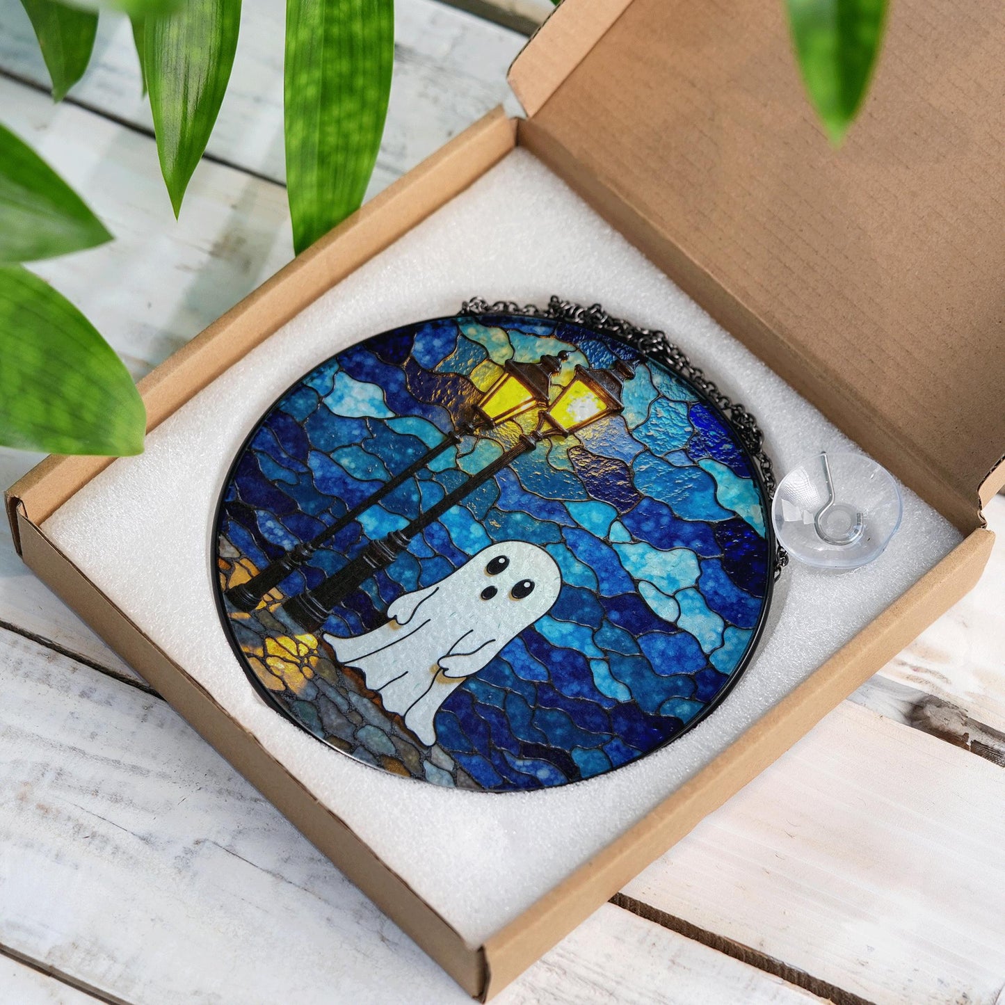 Ghost Stained Glass Suncatcher Cute Night Scene Window Hanging Gift for Halloween Lovers
