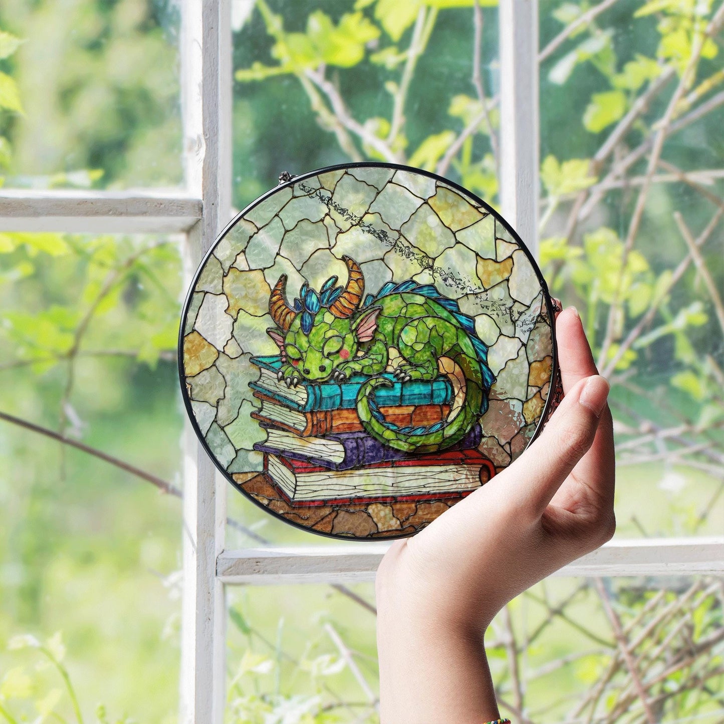 Sleeping Dragon Stained Glass Suncatcher Fantasy Decor Gift for Book Lovers