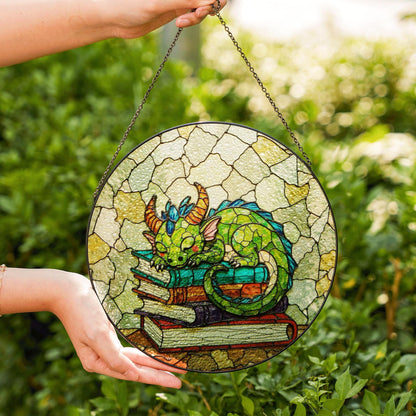 Sleeping Dragon Stained Glass Suncatcher Fantasy Decor Gift for Book Lovers