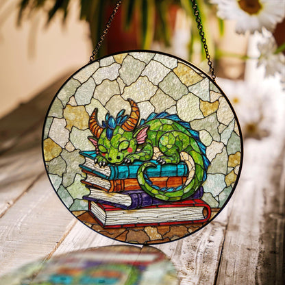 Sleeping Dragon Stained Glass Suncatcher Fantasy Decor Gift for Book Lovers