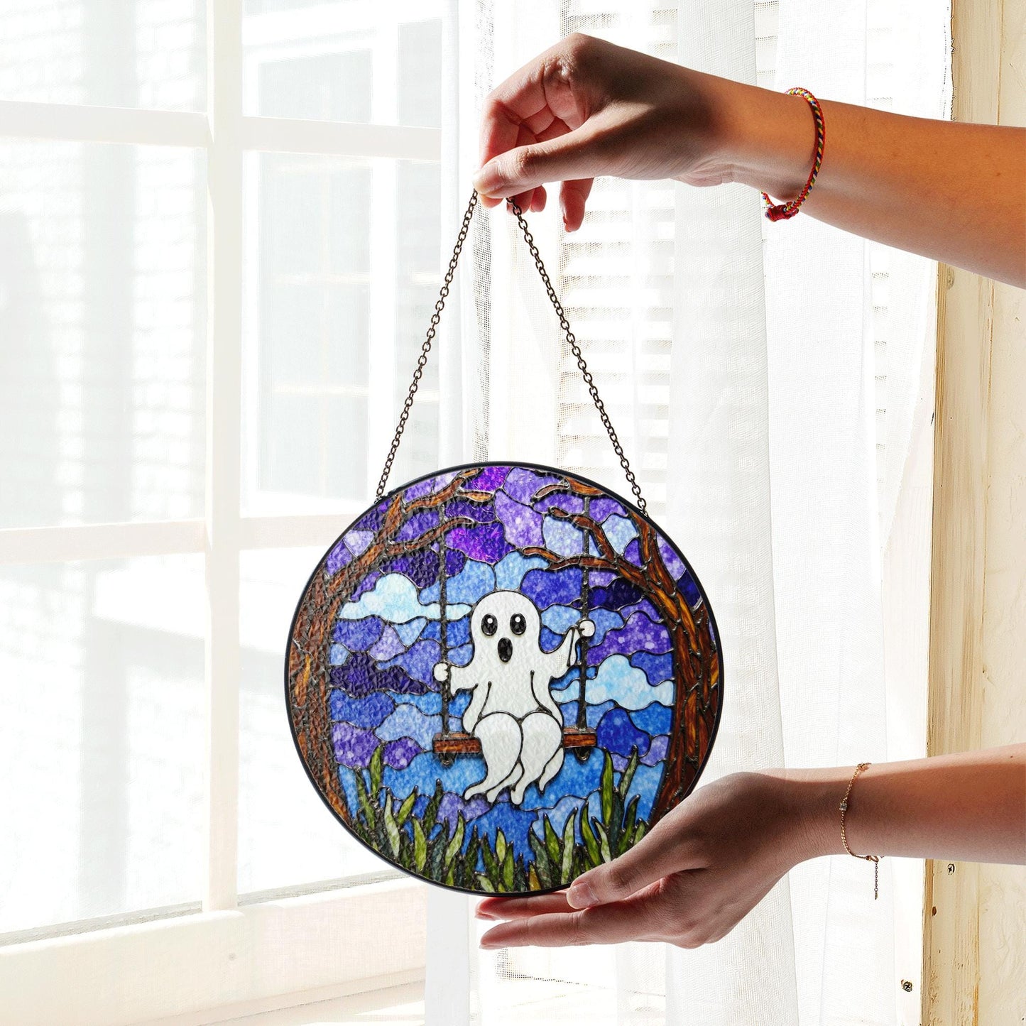 Ghost Swing Stained Glass Suncatcher Halloween Decor Window Hanging Gift for Friend