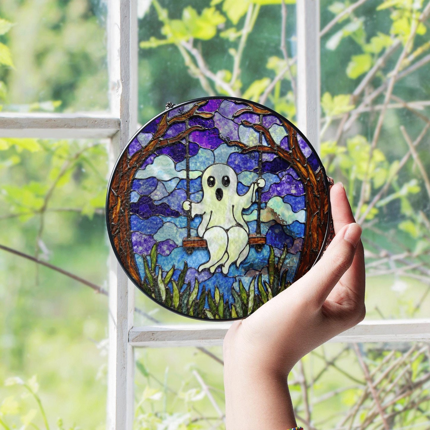 Ghost Swing Stained Glass Suncatcher Halloween Decor Window Hanging Gift for Friend