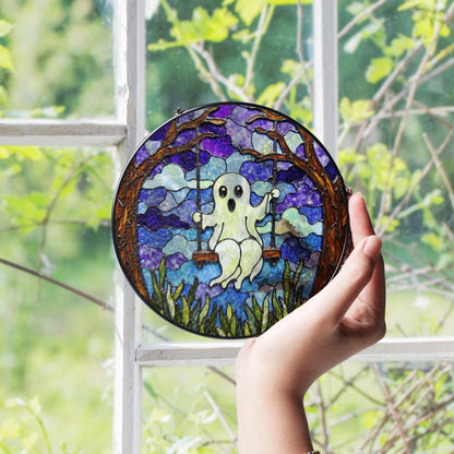 Ghost Swing Stained Glass Suncatcher Halloween Decor Window Hanging Gift for Friend