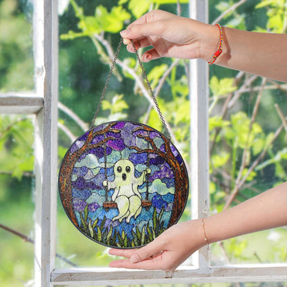 Ghost Swing Stained Glass Suncatcher Halloween Decor Window Hanging Gift for Friend