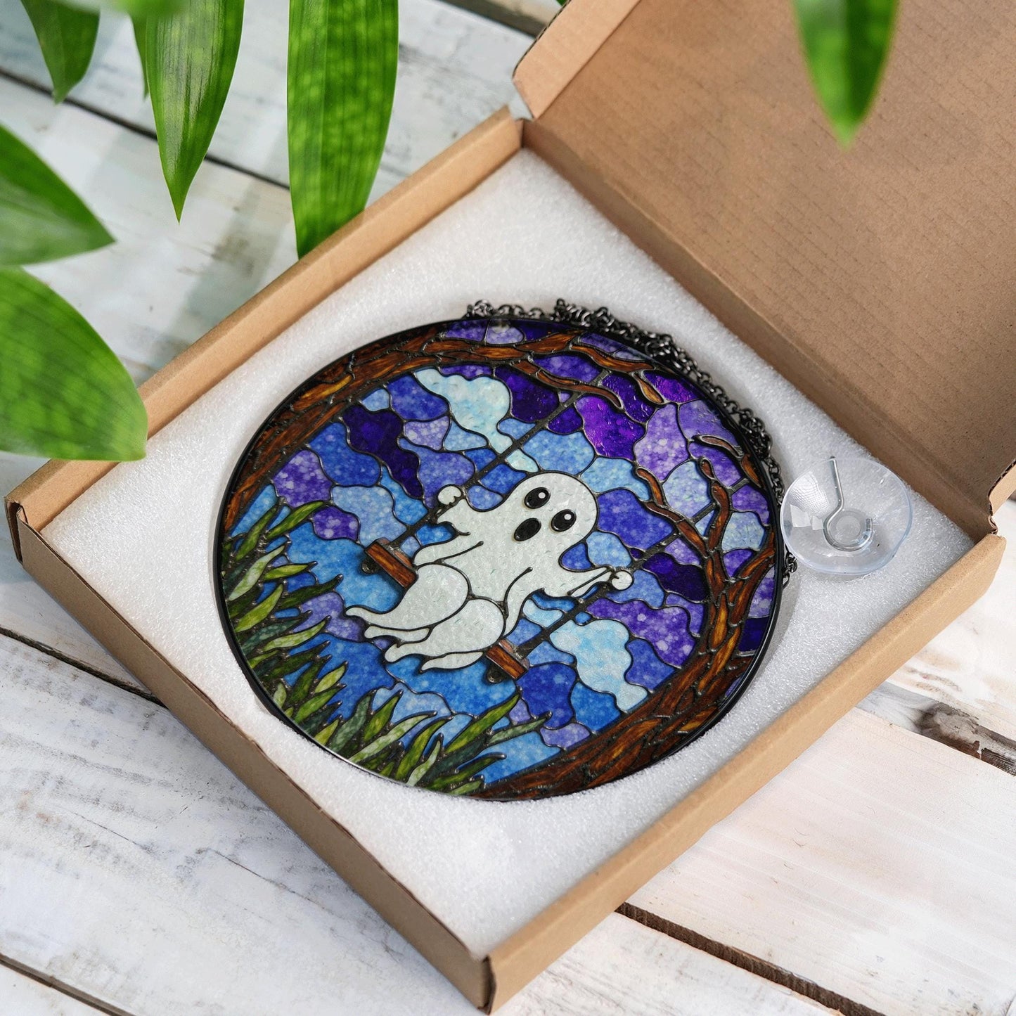 Ghost Swing Stained Glass Suncatcher Halloween Decor Window Hanging Gift for Friend