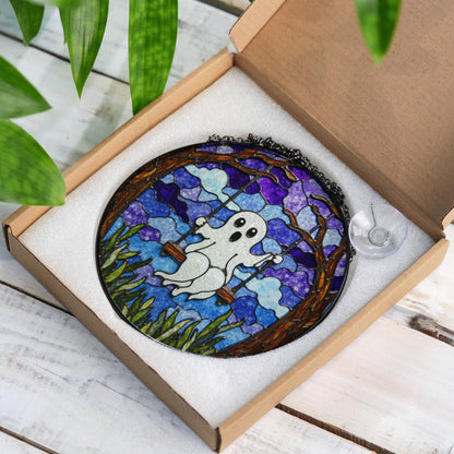 Ghost Swing Stained Glass Suncatcher Halloween Decor Window Hanging Gift for Friend