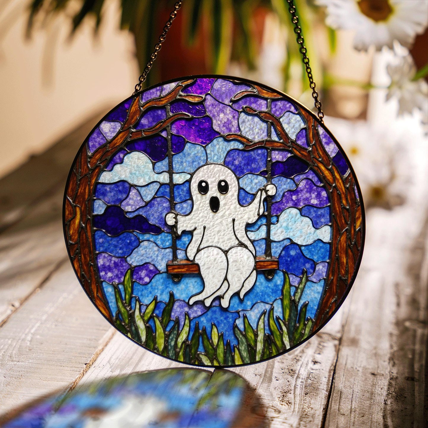Ghost Swing Stained Glass Suncatcher Halloween Decor Window Hanging Gift for Friend