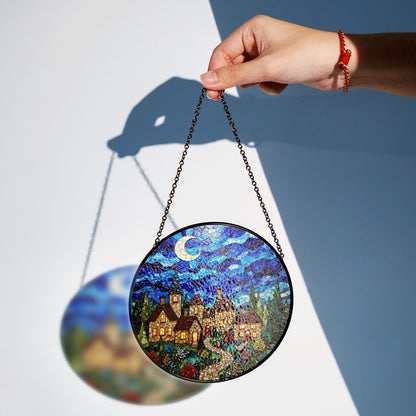 Stained Glass Village Night Scene Suncatcher Handmade Window Decor Gift for Mom Dad Friends