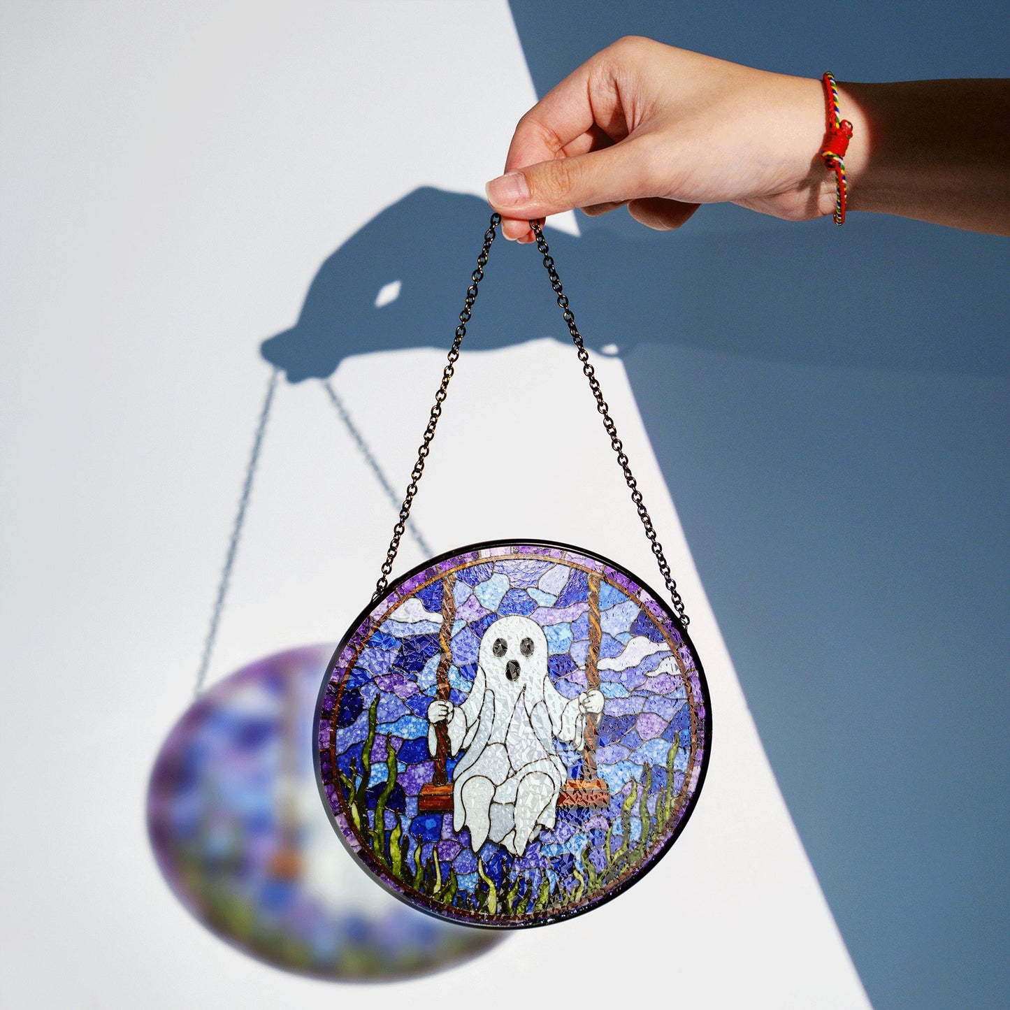 Ghost On Swing Stained Glass Suncatcher Halloween Decor Gift For Friends