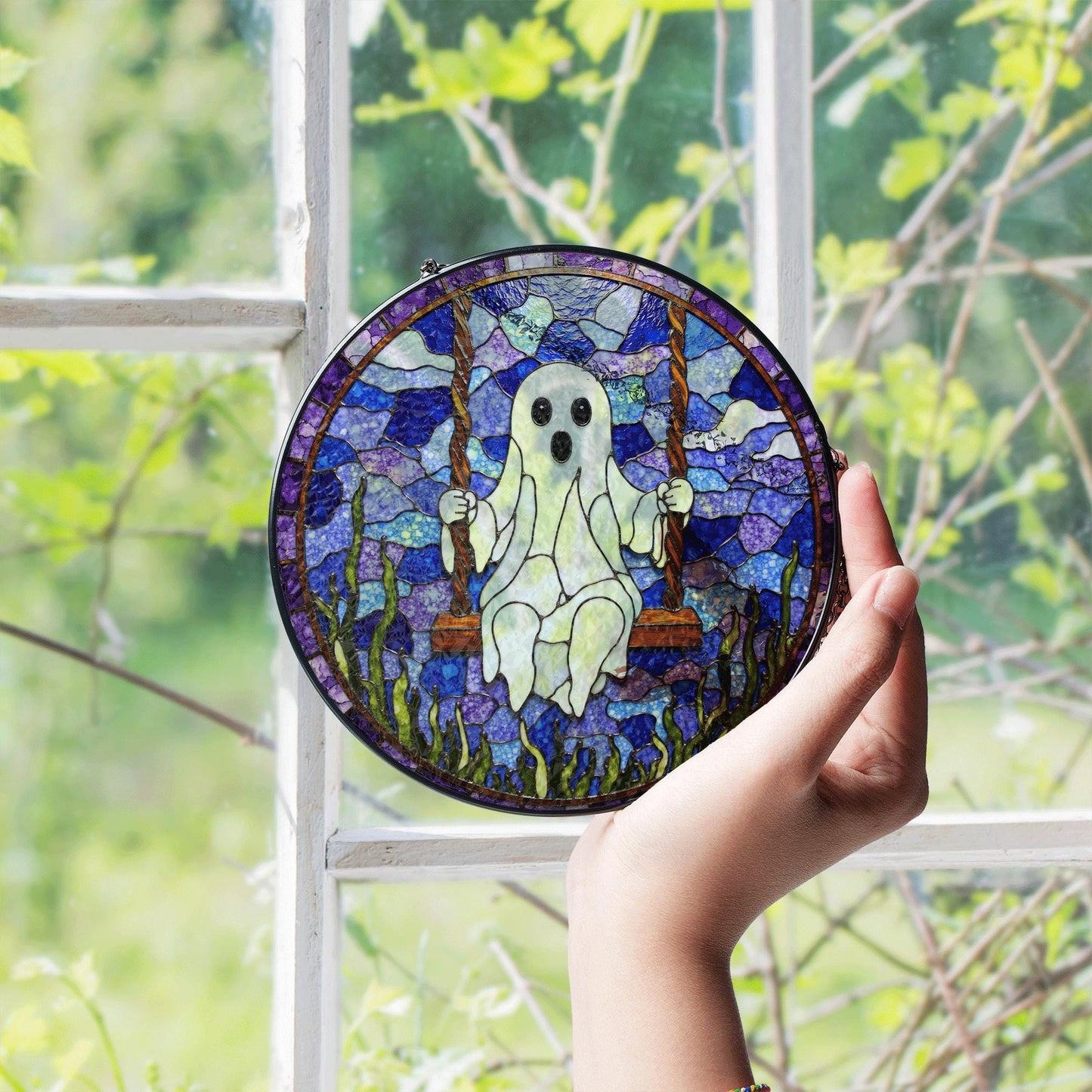 Ghost On Swing Stained Glass Suncatcher Halloween Decor Gift For Friends