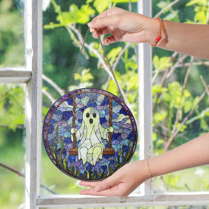 Ghost On Swing Stained Glass Suncatcher Halloween Decor Gift For Friends
