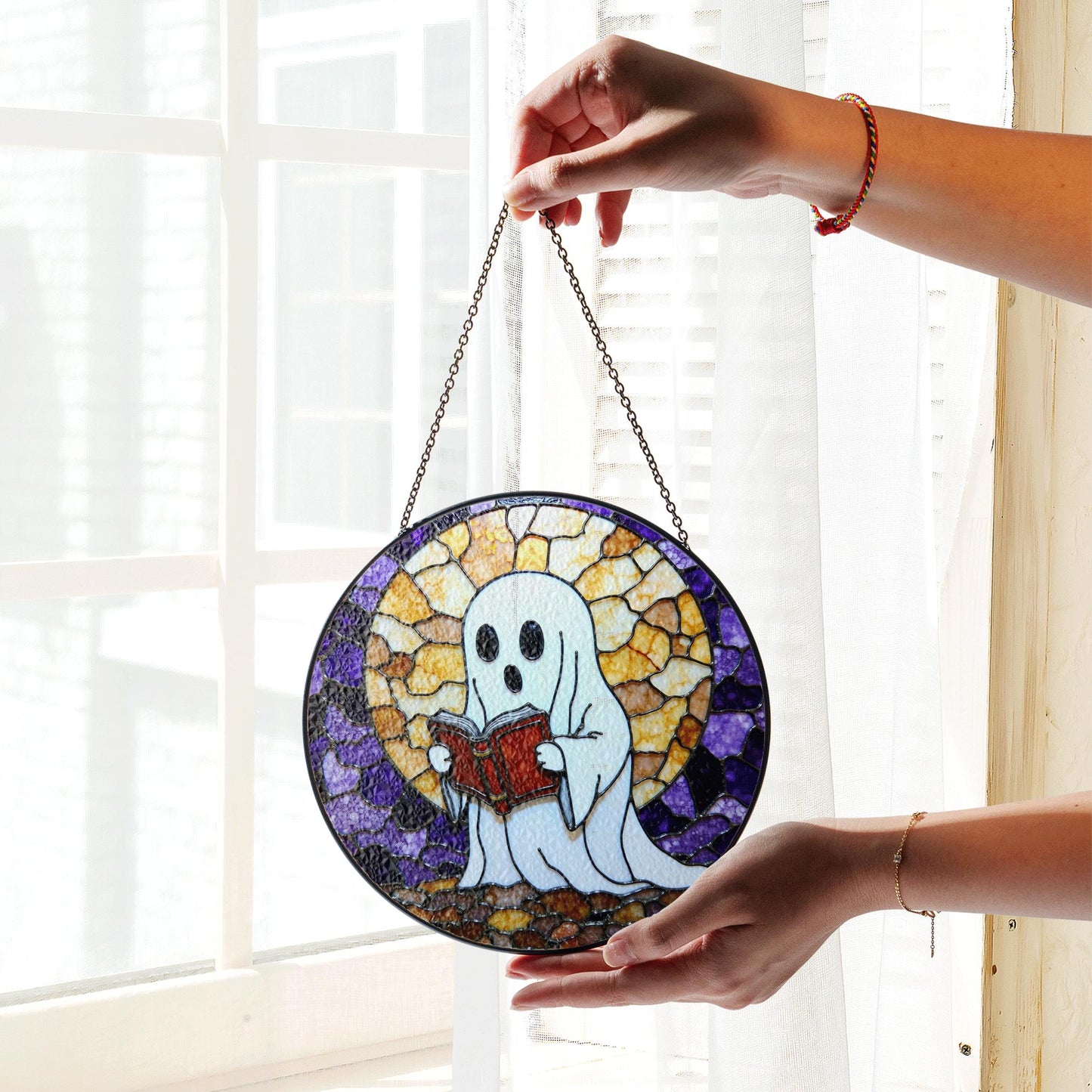 Ghost Reading Stained Glass Suncatcher Window Hanging Halloween Gift