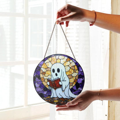 Ghost Reading Stained Glass Suncatcher Window Hanging Halloween Gift