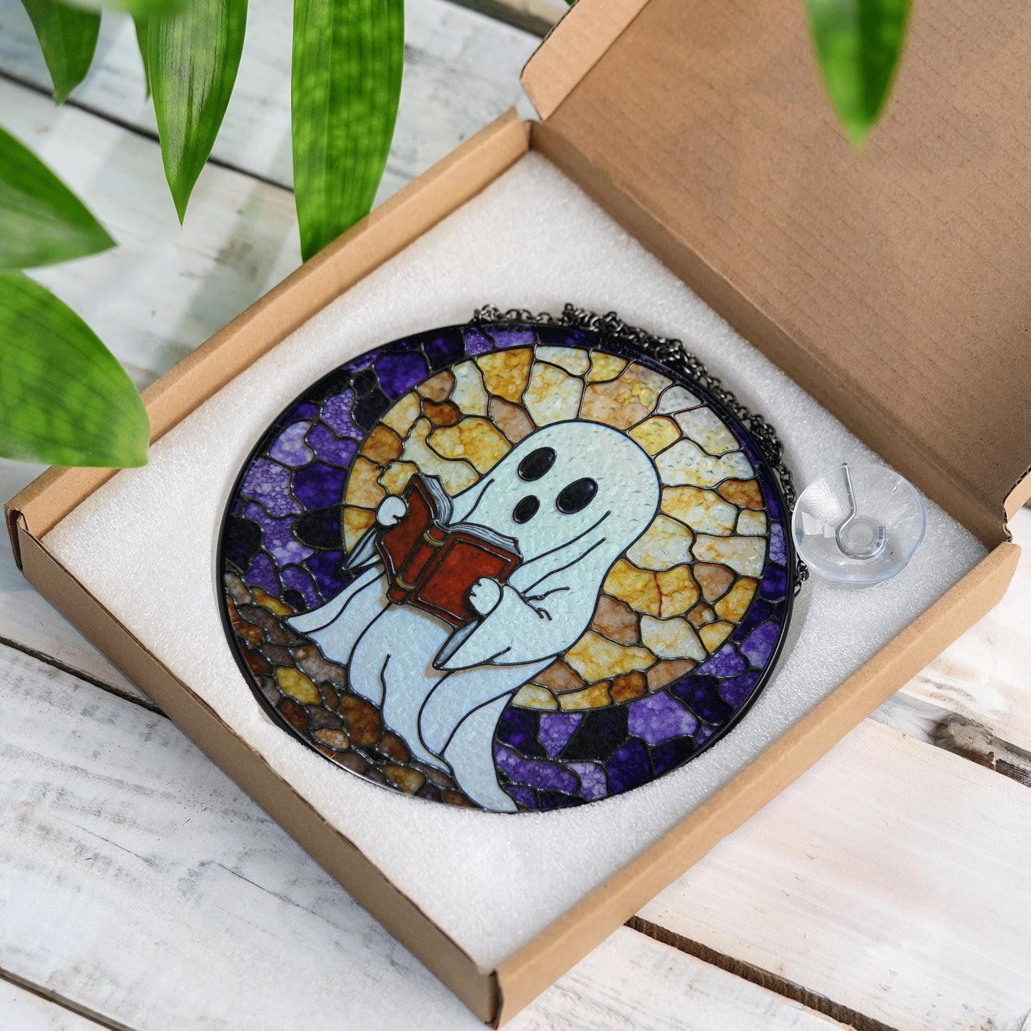 Ghost Reading Stained Glass Suncatcher Window Hanging Halloween Gift
