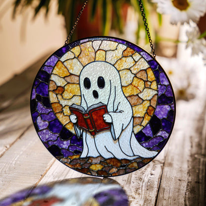 Ghost Reading Stained Glass Suncatcher Window Hanging Halloween Gift