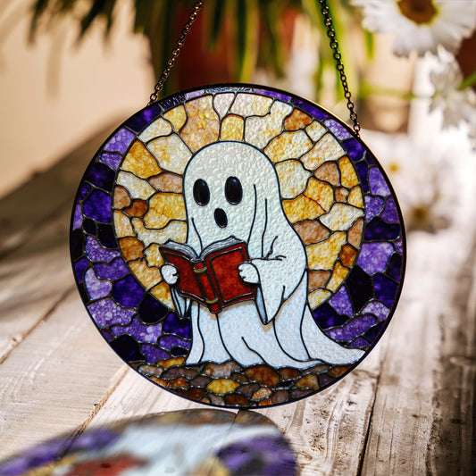 Ghost Reading Stained Glass Suncatcher Window Hanging Halloween Gift