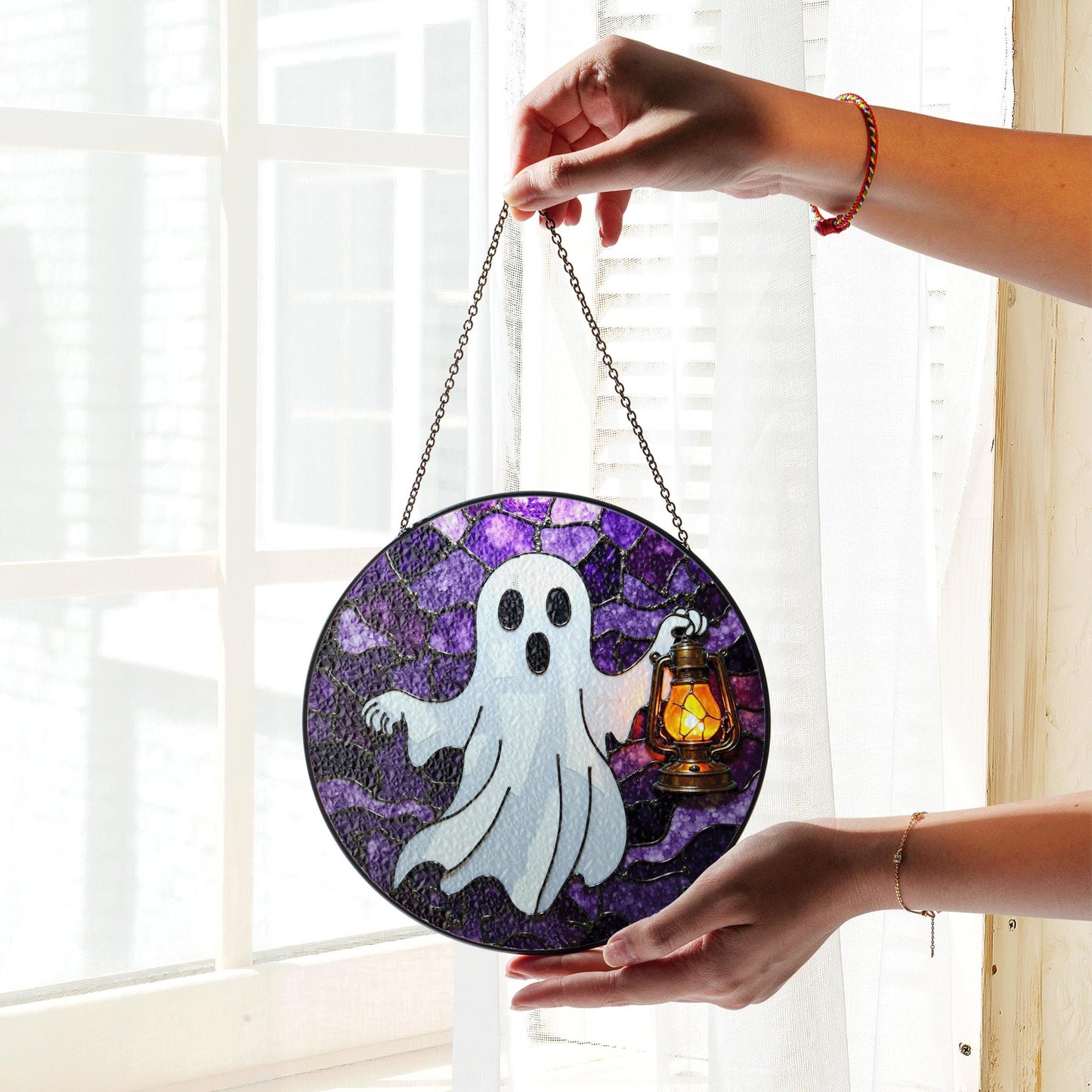 Ghost Lantern Stained Glass Suncatcher Halloween Decor Gift for Spooky Lovers
