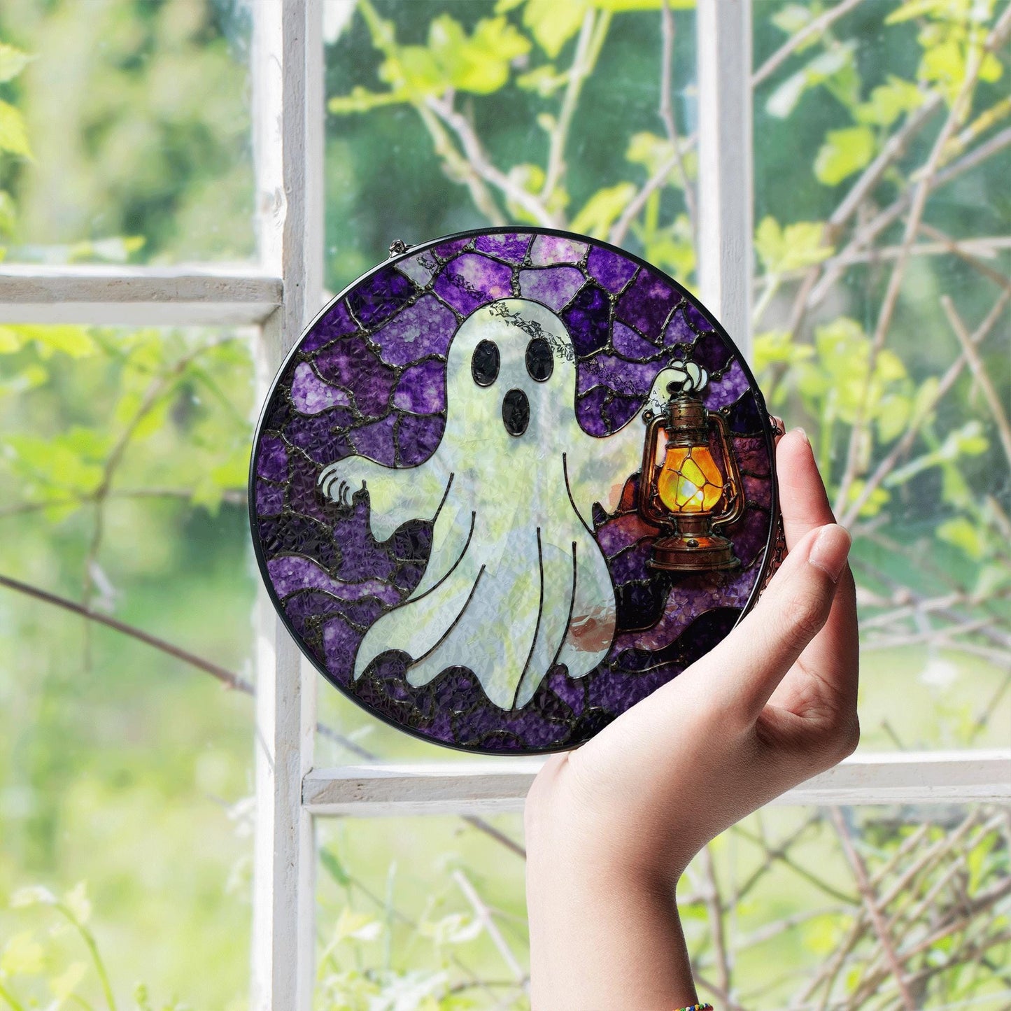 Ghost Lantern Stained Glass Suncatcher Halloween Decor Gift for Spooky Lovers