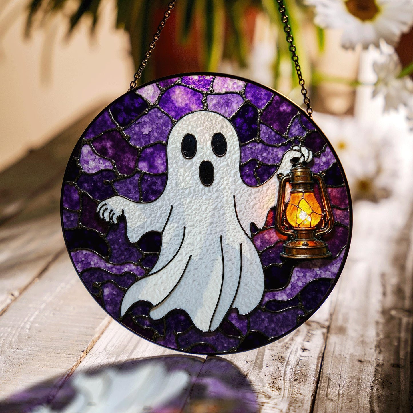 Ghost Lantern Stained Glass Suncatcher Halloween Decor Gift for Spooky Lovers