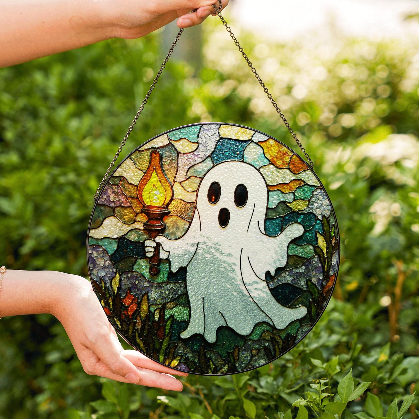 Ghost Stained Glass Suncatcher Halloween Decor Window Hanging Gift for Friends
