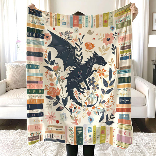 Vintage Fantasy Dragon Bookish Blanket, Boho Abraxos Flower Bookish Quilt, Cottagecore Flower Book Gift, Fantasy Book Lover Gift, Book Gifts