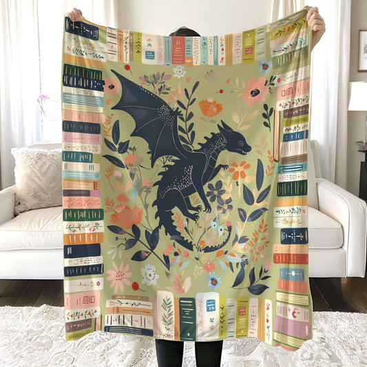 Vintage Fantasy Dragon Bookish Blanket, Boho Abraxos Flower Bookish Quilt, Cottagecore Flower Book Gift, Fantasy Book Lover Gift, Book Gifts