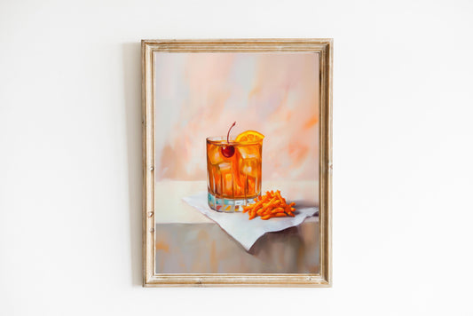 Old Fashioned Cocktail & Cheese Crunch Print: Quirky Bar Cart Wall Art