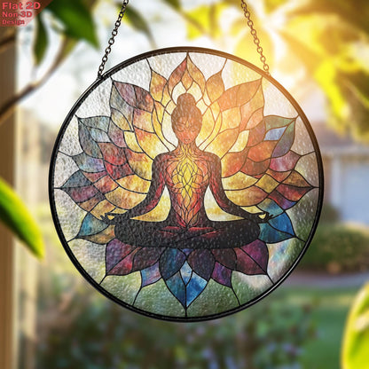Meditation Stained Glass Suncatcher, Yoga Chakra Window Hanging, Lotus Mandala Decor, Mindfulness Gift, Zen Art, Gift for Mom, Mothers Day