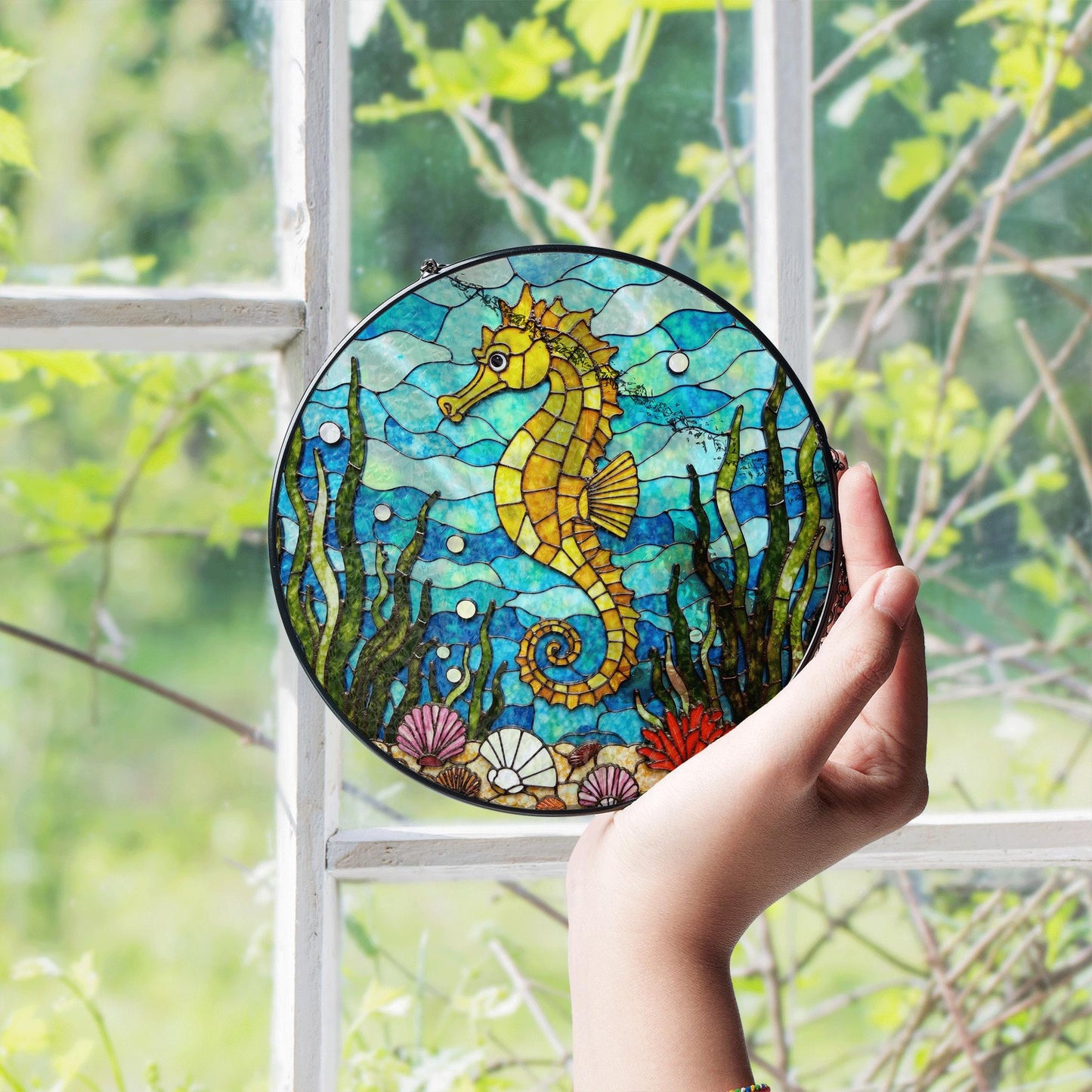 Seahorse Stained Glass Suncatcher Ocean Decor Window Hanging Gift for Sea Lovers
