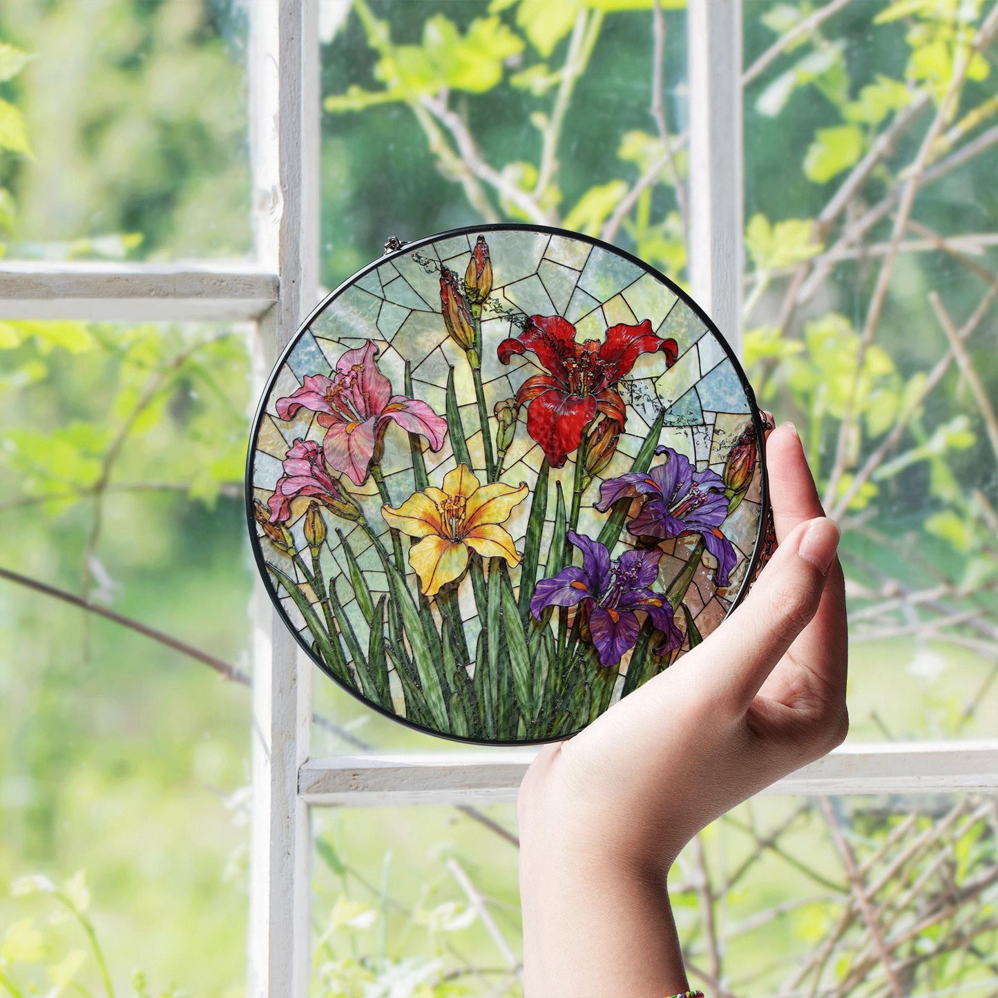 Stained Glass Flowers Suncatcher Window Hanging Gift for Mom Friend
