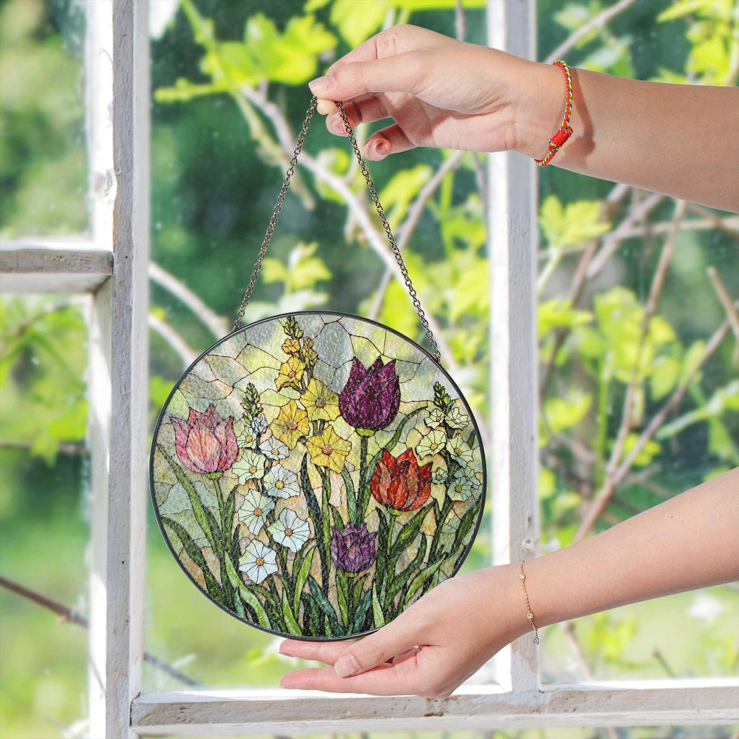 Stained Glass Tulip Floral Suncatcher Window Decor Gift for Mom Grandma