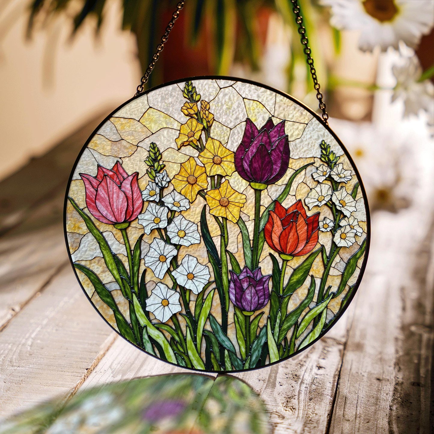 Stained Glass Tulip Floral Suncatcher Window Decor Gift for Mom Grandma
