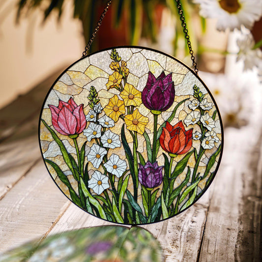 Stained Glass Tulip Floral Suncatcher Window Decor Gift for Mom Grandma