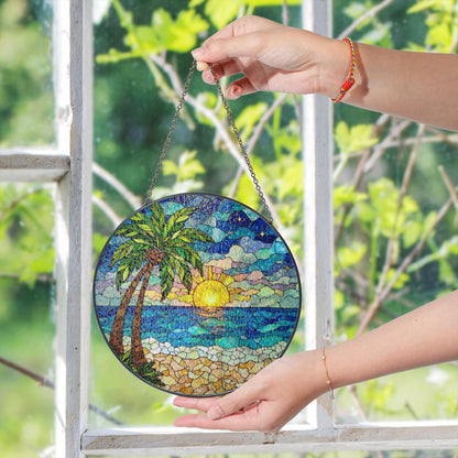 Beach Sunset Palm Tree Suncatcher Stained Glass Window Decor Gift for Mom Friend