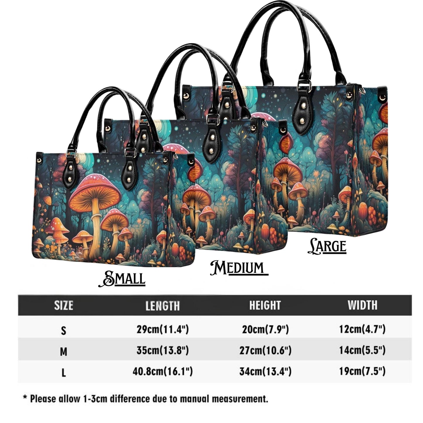 Enchanted Mushroom Grove Tote Handbag. Square Handbag, Waterproof PU Leather Tote, Top Handle Vegan Leather, Crossbody, Shoulder bag.