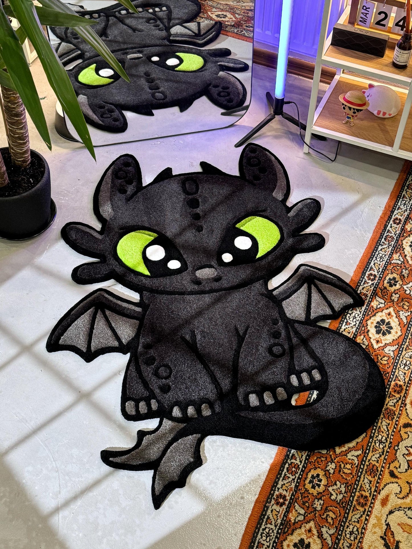 Cute Dragor Cartoon Character Rug, Dragon Rug, Bedroom Tufted Rug, Black Rug, Tufted Dragon
