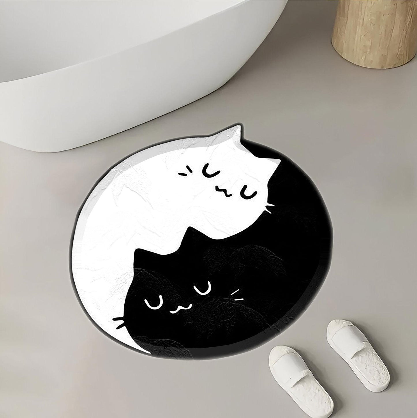 Yin Yang Cat Rug – Cute Black & White Cat Mat, Aesthetic Kawaii Home Decor, Soft and Cozy Round Carpet Polyester Rug