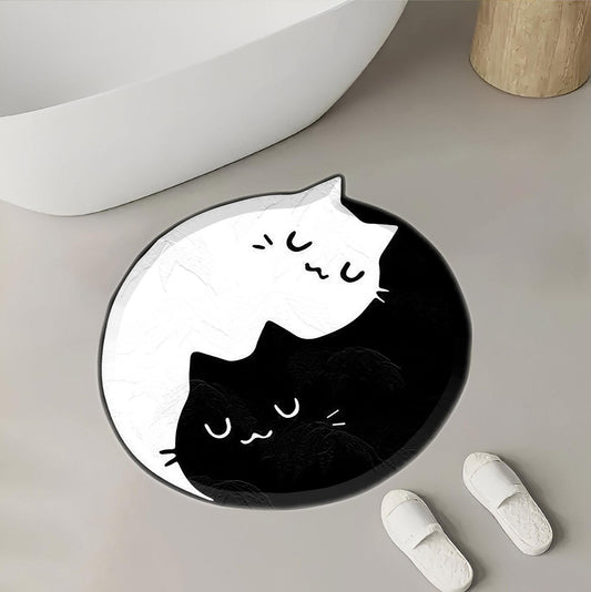 Yin Yang Cat Rug – Cute Black & White Cat Mat, Aesthetic Kawaii Home Decor, Soft and Cozy Round Carpet Polyester Rug