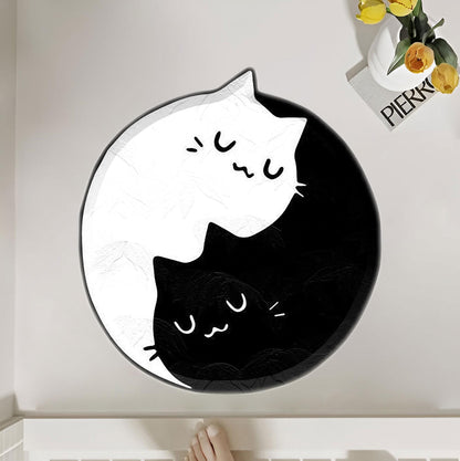 Yin Yang Cat Rug – Cute Black & White Cat Mat, Aesthetic Kawaii Home Decor, Soft and Cozy Round Carpet Polyester Rug