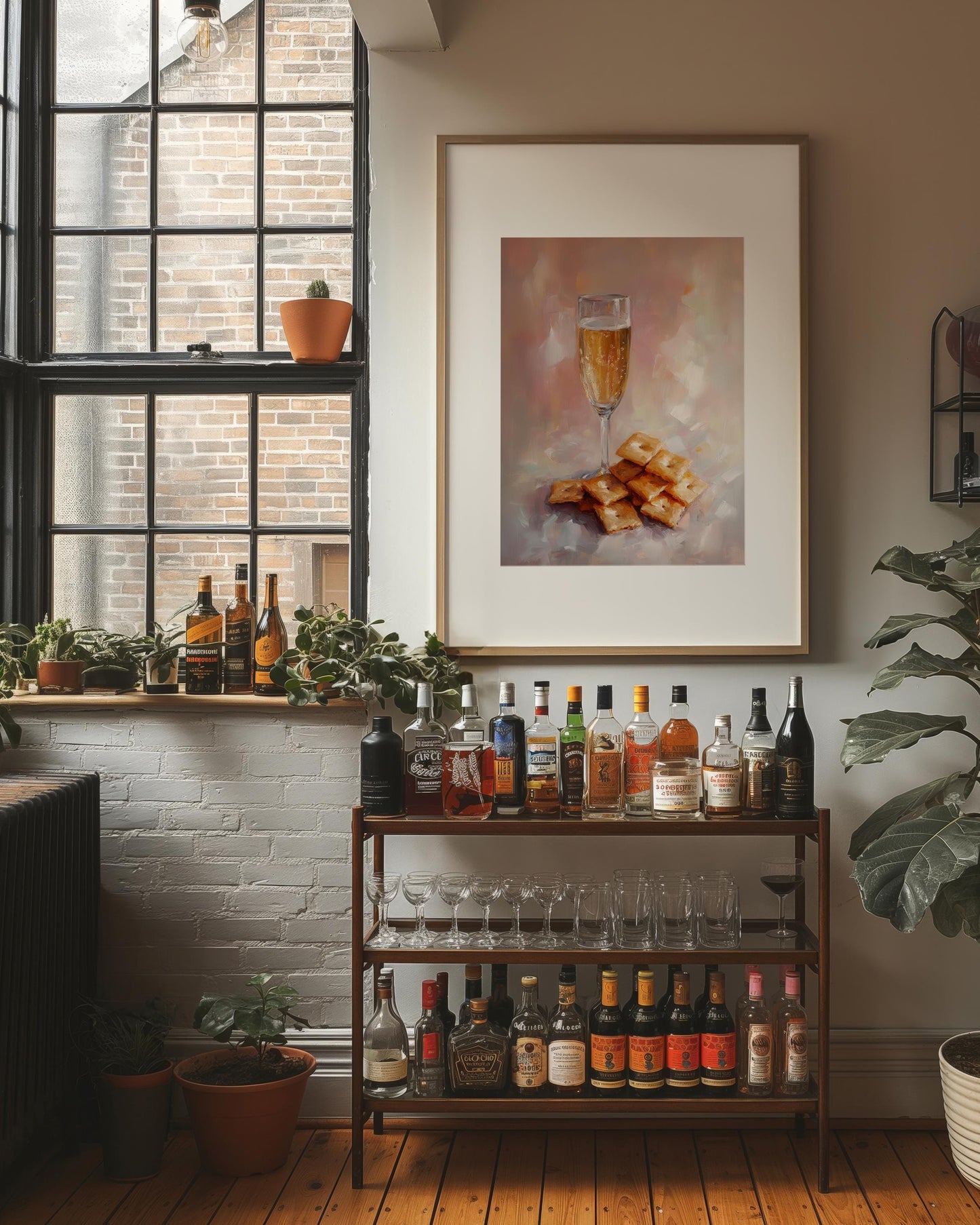 Champagne and Cheese Crackers Art Print | Cute Quirky Whimsical | Cocktail Art Bar Cart Decor | Trendy Home Wall Art | Champagne Wall Art