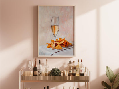 Champagne and Nacho Cheese Chips Art Print: Quirky Bar Cart Decor