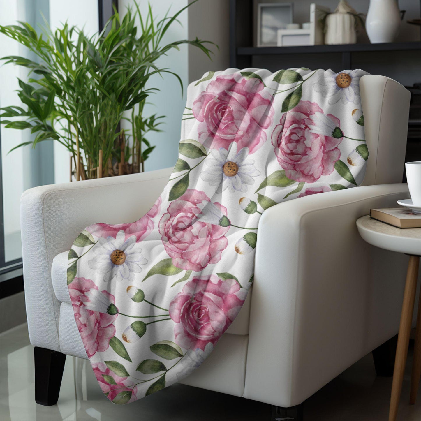 Floral Throw Blanket Pink Rose Blanket, Botanical Throw Blanket Gift for Flower Lovers, Gift for Gardener, Pink Flower Fleece Decor