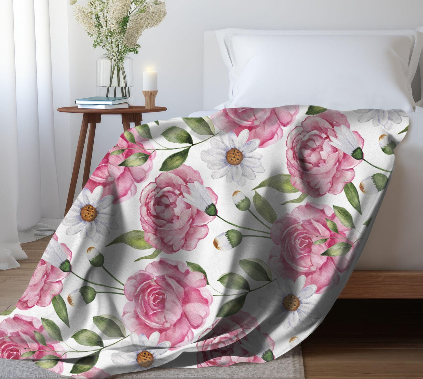 Floral Throw Blanket Pink Rose Blanket, Botanical Throw Blanket Gift for Flower Lovers, Gift for Gardener, Pink Flower Fleece Decor