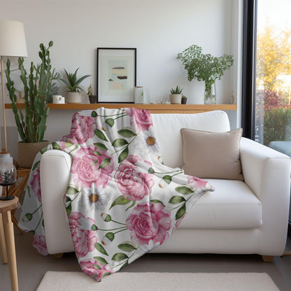 Floral Throw Blanket Pink Rose Blanket, Botanical Throw Blanket Gift for Flower Lovers, Gift for Gardener, Pink Flower Fleece Decor