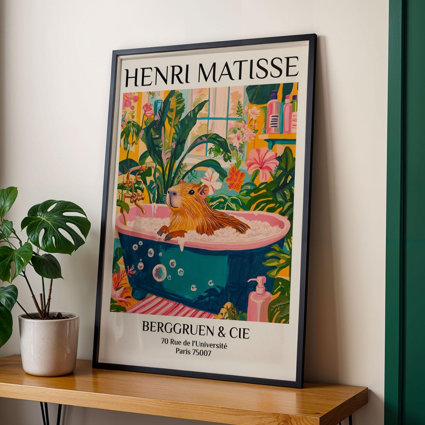 Capybara in Bathtub Print Tropical Pink Bathroom Wall Art Matisse Inspired Animal Poster Aesthetic Spa Decor for Home Wall Art