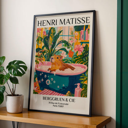 Capybara in Bathtub Print Tropical Pink Bathroom Wall Art Matisse Inspired Animal Poster Aesthetic Spa Decor for Home Wall Art