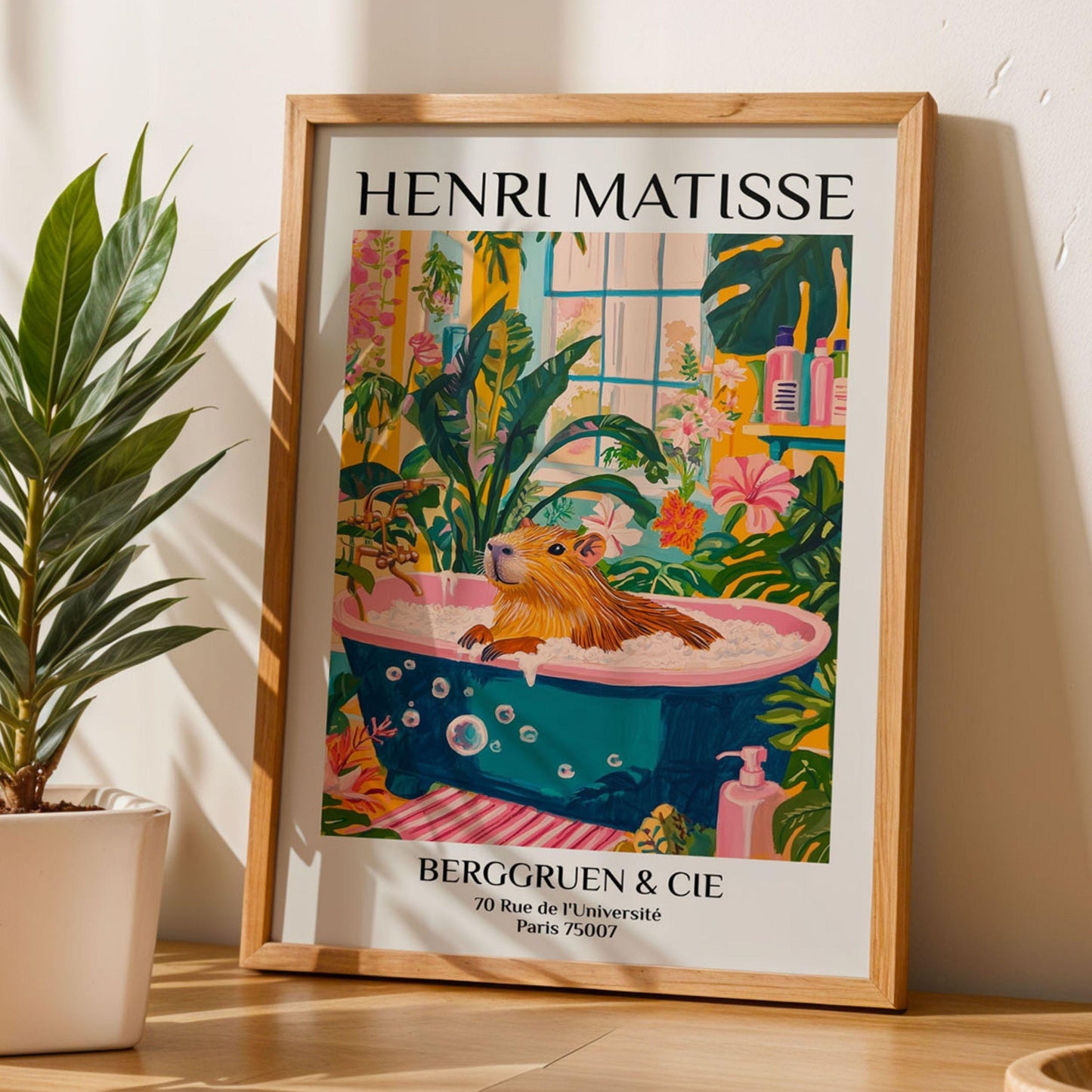 Capybara in Bathtub Print Tropical Pink Bathroom Wall Art Matisse Inspired Animal Poster Aesthetic Spa Decor for Home Wall Art