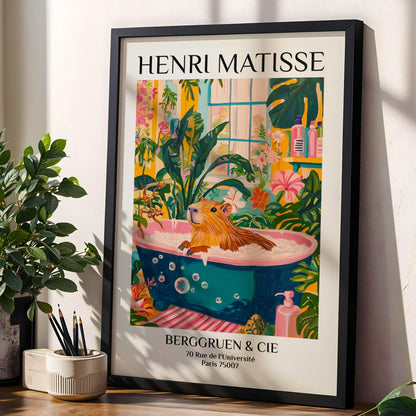Capybara in Bathtub Print Tropical Pink Bathroom Wall Art Matisse Inspired Animal Poster Aesthetic Spa Decor for Home Wall Art