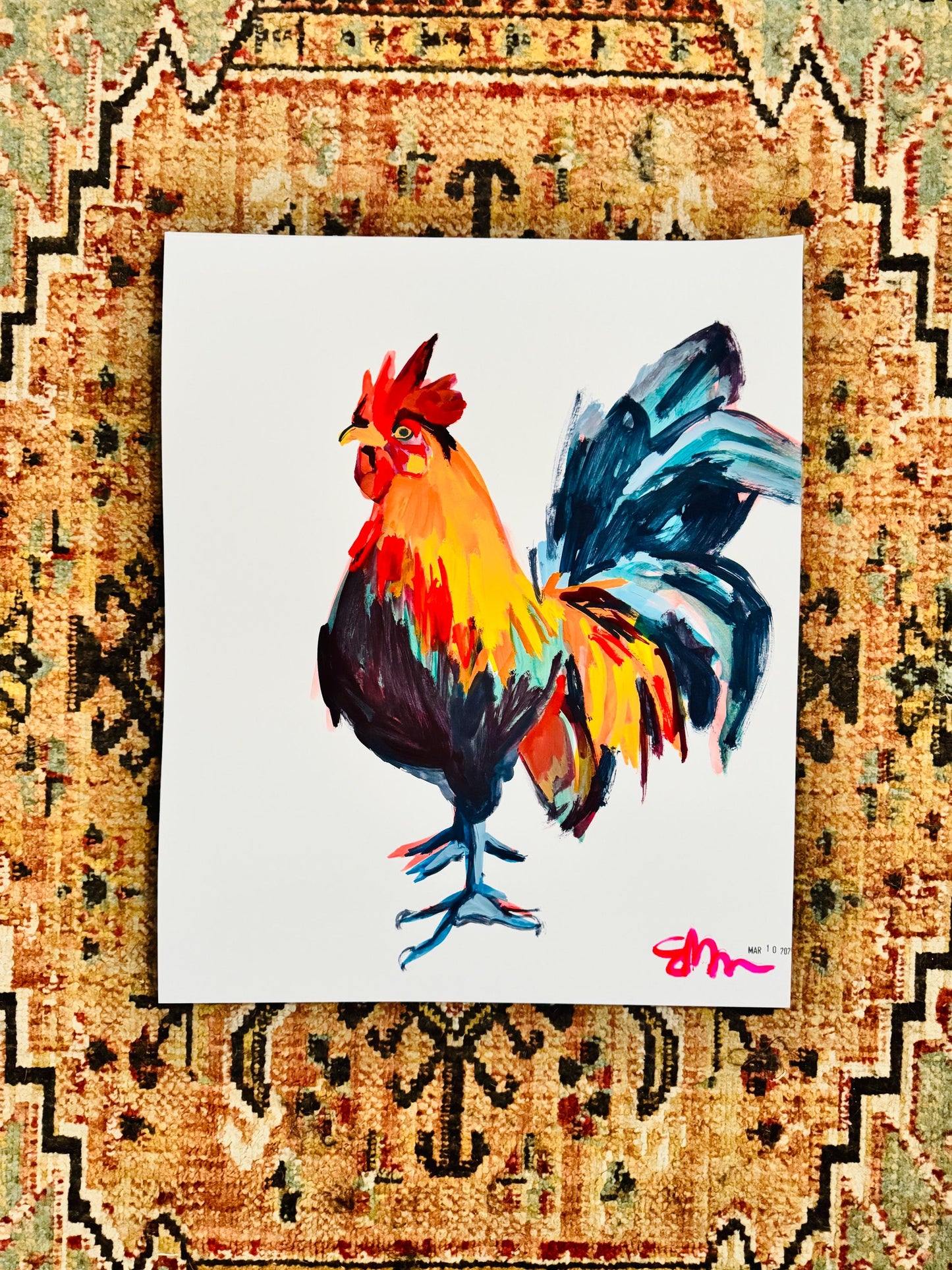 Spotted Rooster Crowing Art | Original Gouache Painting by Erika Lamar Buentello